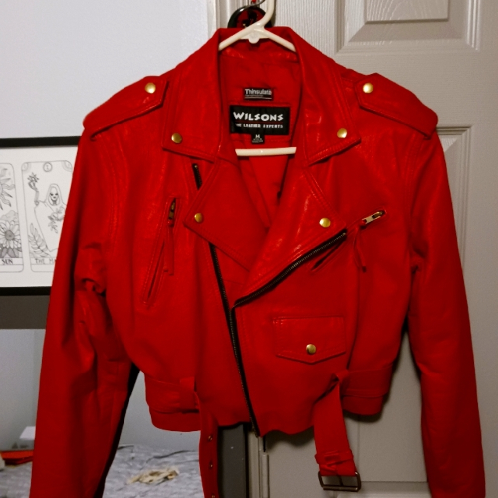 Wilson's Brand Retro Bright Red Leather Jacket Biker Style withThinsulate lining